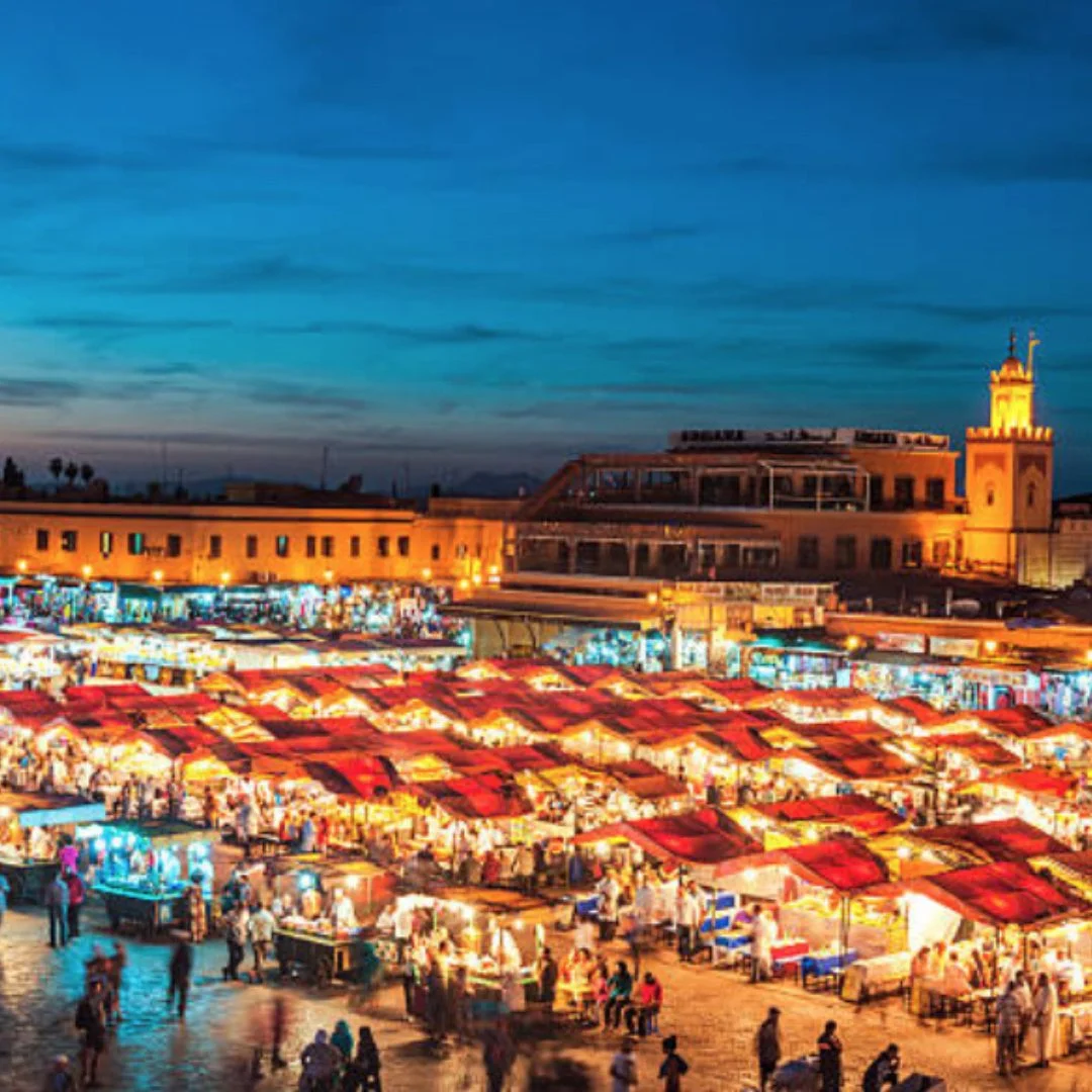 Food stalls filling Jemaa el-Fna square at dusk, Marrakesh