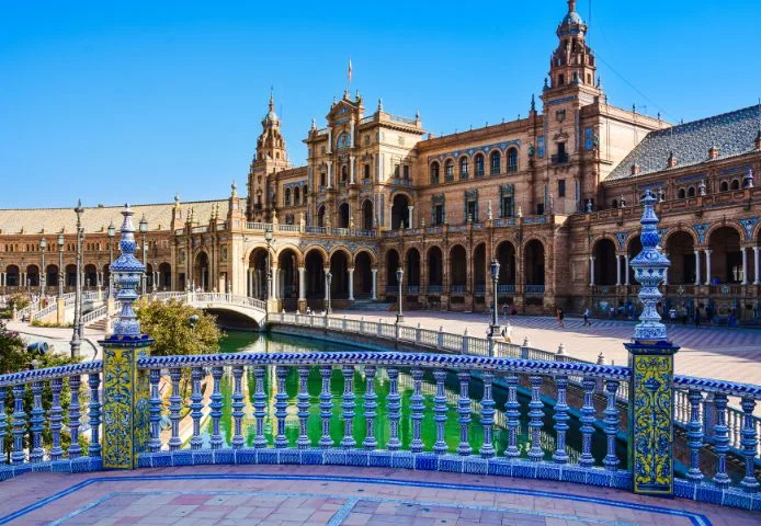 Painted ceramic balustrades and the pavilions of the Plaza de Espa&ntilde;a, Seville